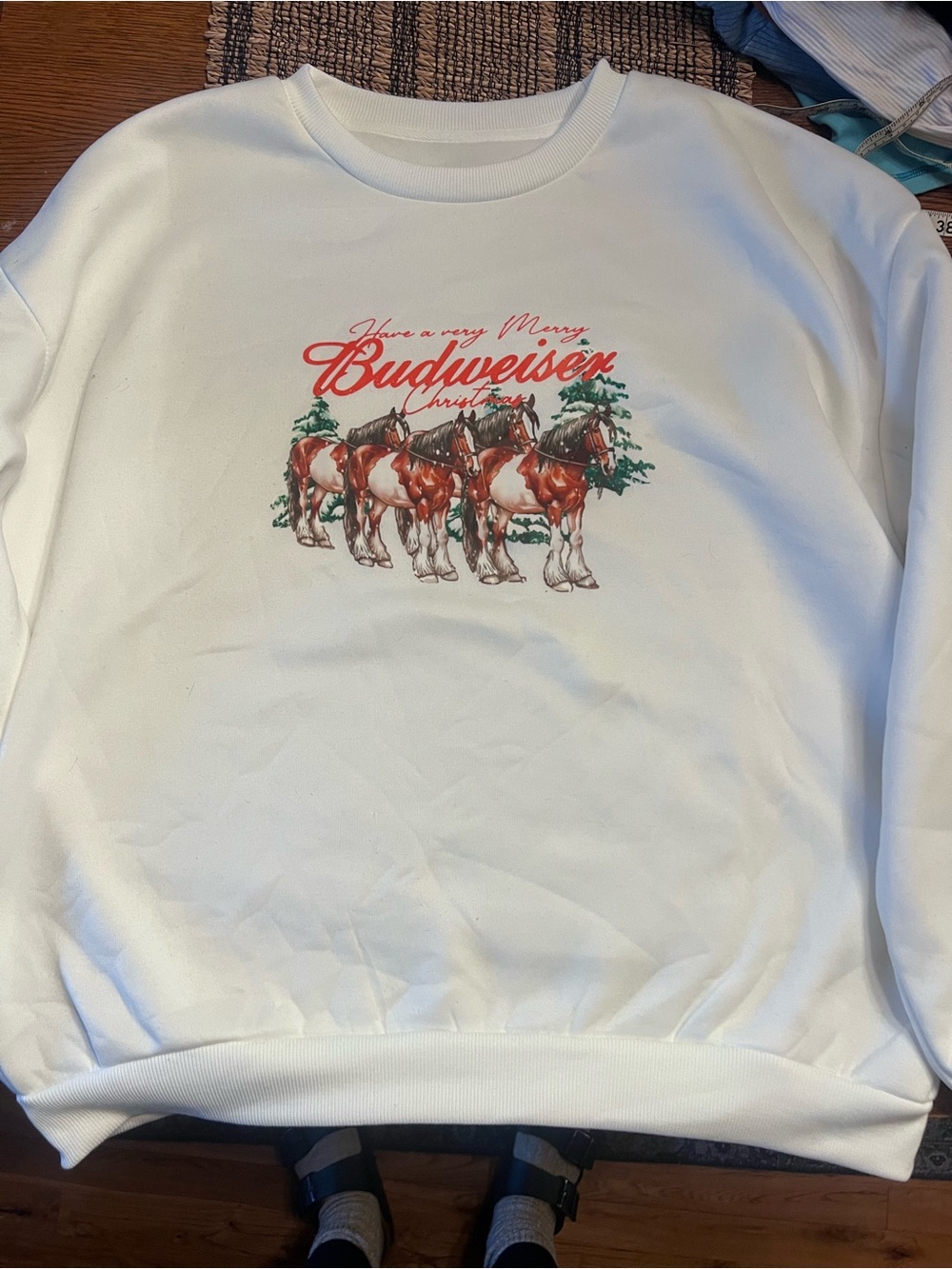 Budweiser White Crewneck Sweatshirt with Red Script and Horse Graphic